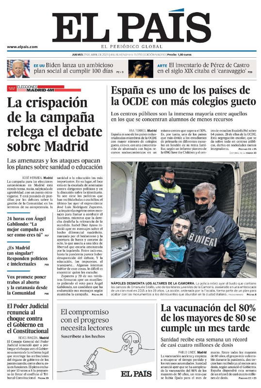 Portada de 'El País' del 29 de abril de 2021 / EL PAÍS
