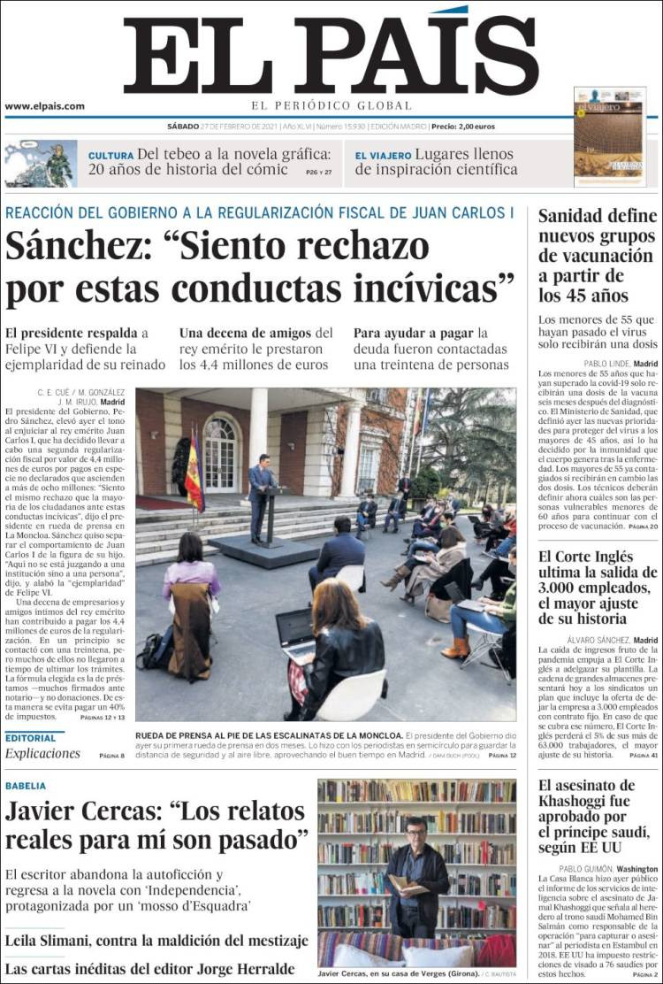 Portada de El País, 27 de febrero de 2021