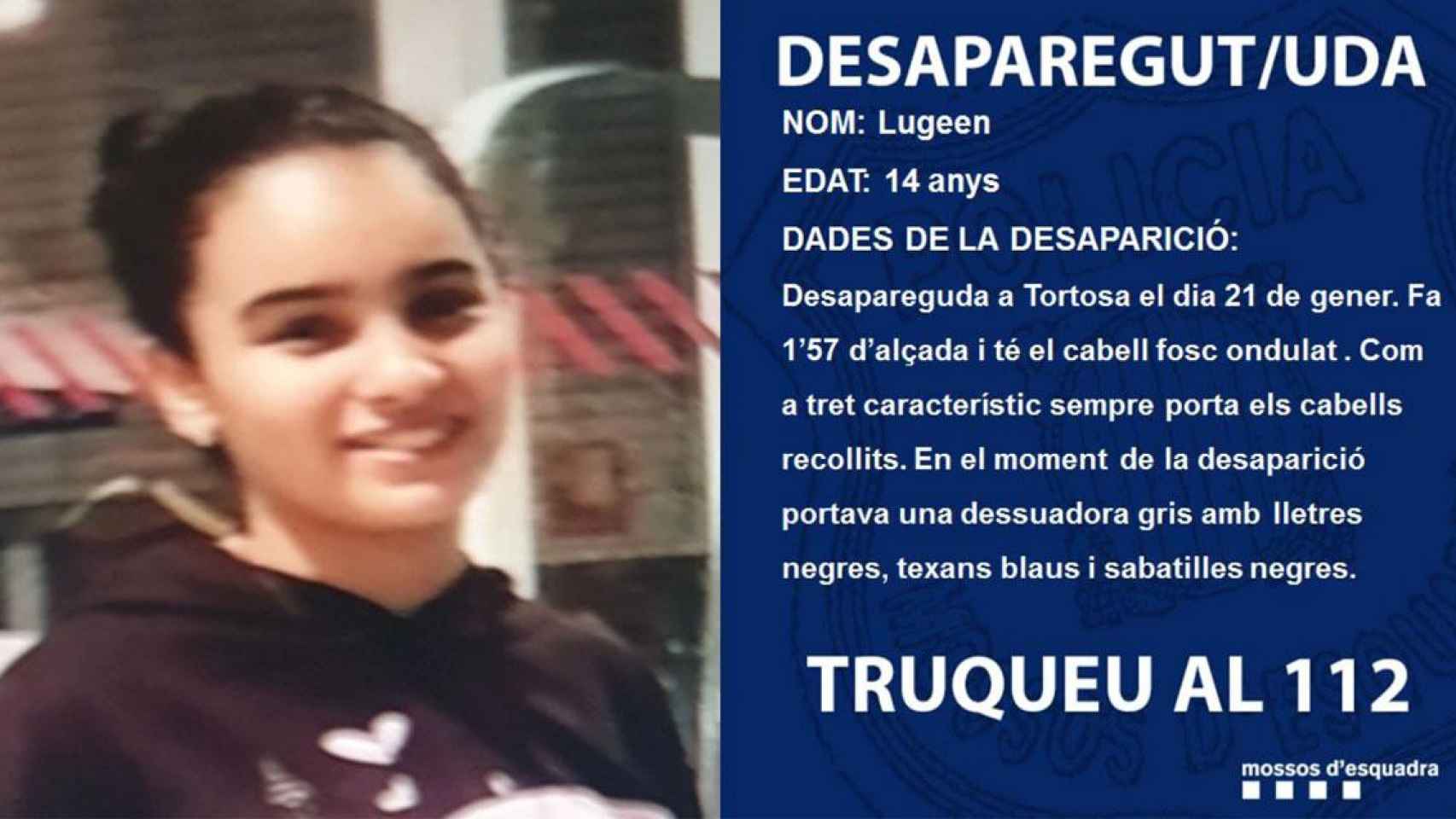 Lugeen, la menor de 14 años desaparecida en Tortosa / MOSSOS D'ESQUADRA