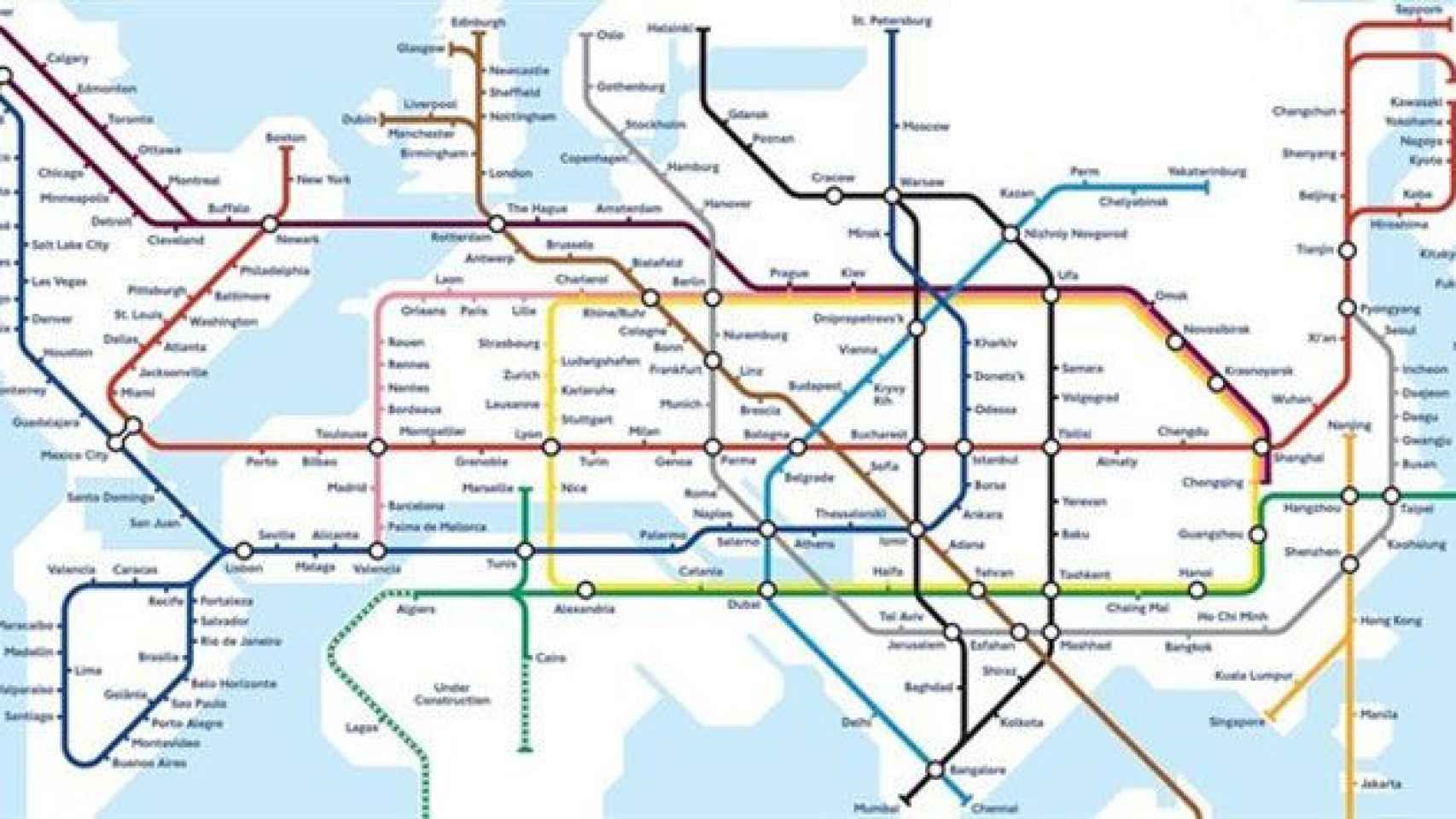 Mapa de las principales ciudades del mundo contectadas por Hyperloop