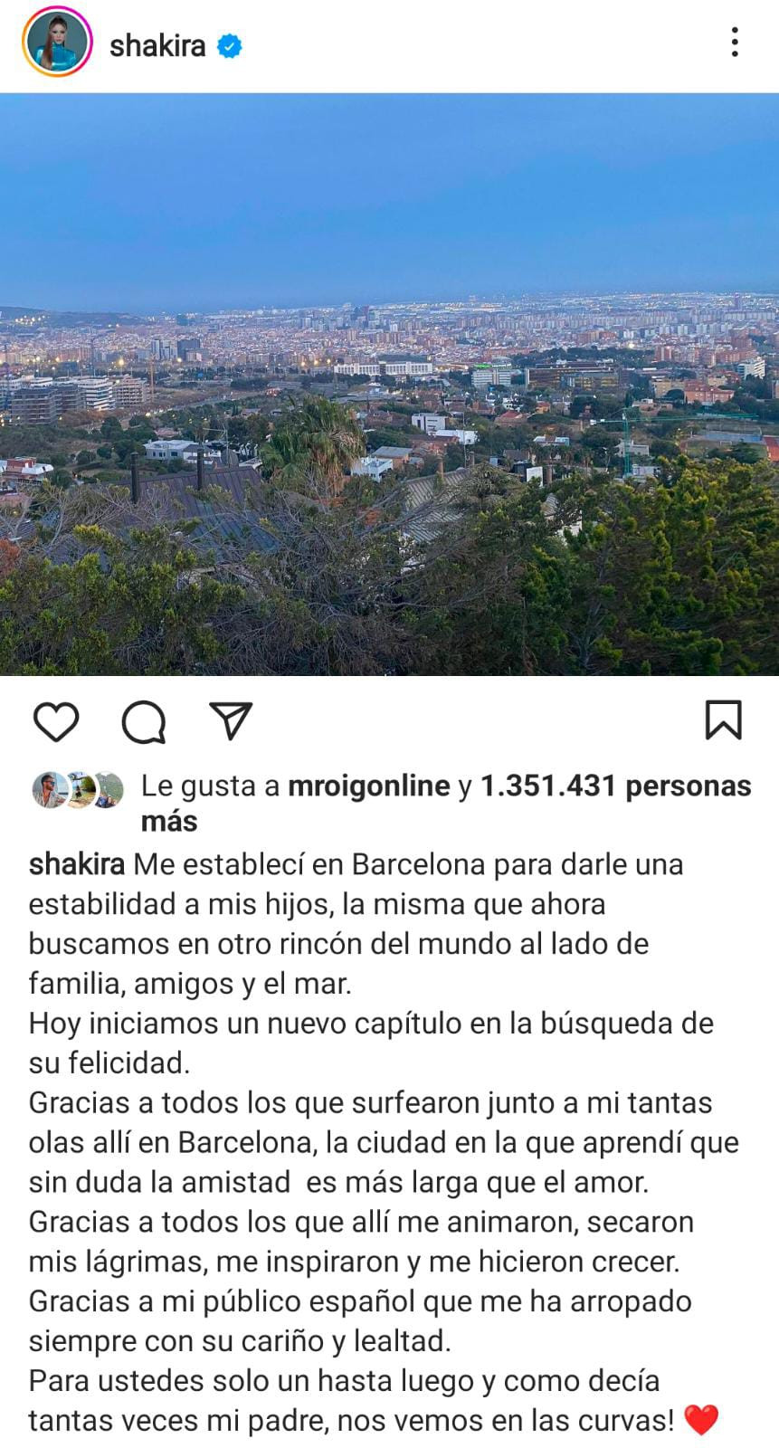 Mensaje de Shakira INSTAGRAM