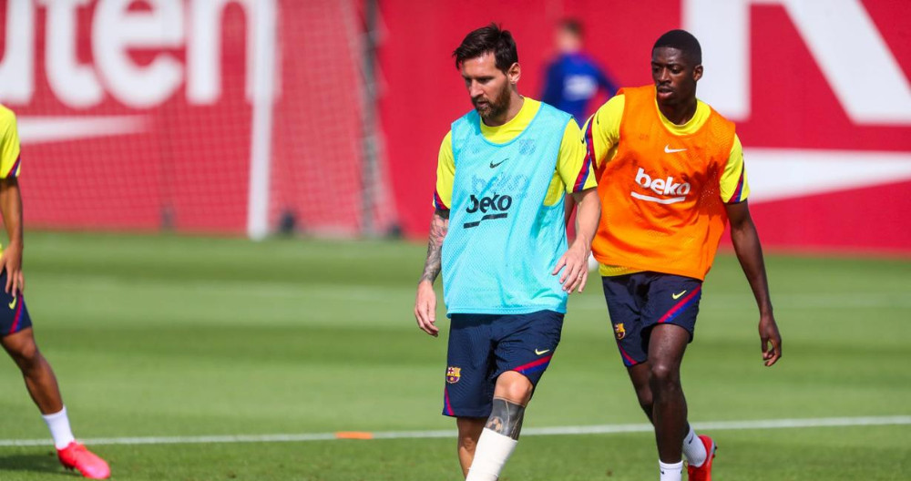 Leo Messi y Ousmane Dembelé en un entrenamiento con el Barça / FC Barcelona