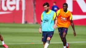 Leo Messi y Ousmane Dembelé en un entrenamiento con el Barça / FC Barcelona
