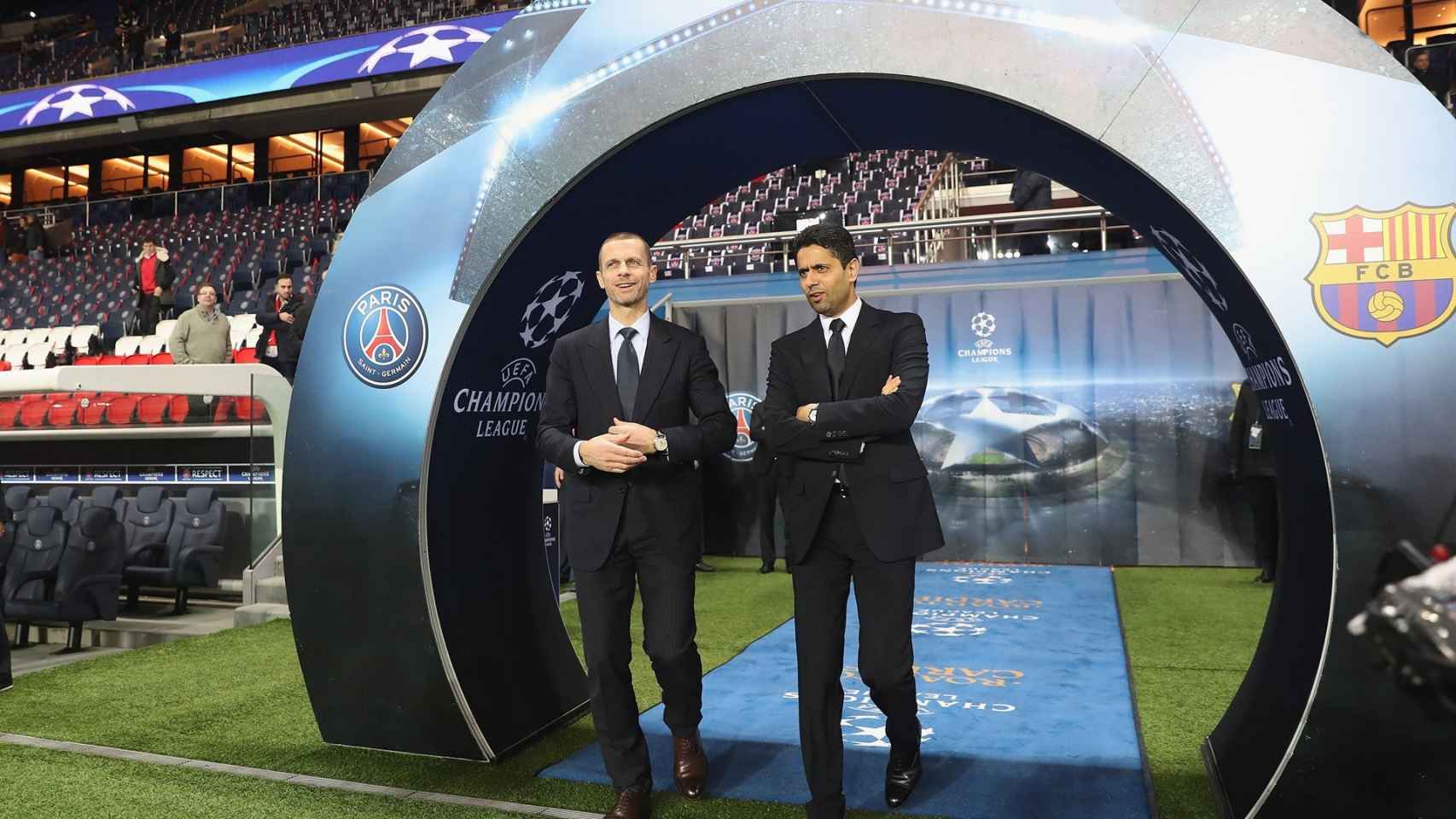 Ceferin (UEFA) y Nasser Al-Khelaifi (PSG) en un PSG-Barça de Champions / PSG
