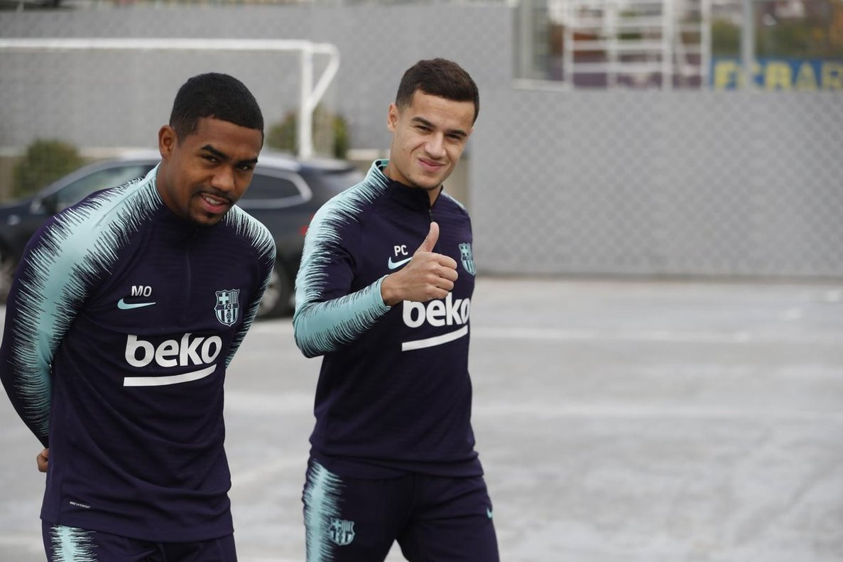 Malcom y Coutinho en un entrenamiento del Barça / EFE