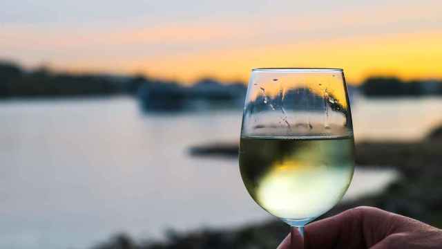 Una copa de vino blanco en frente del mar
