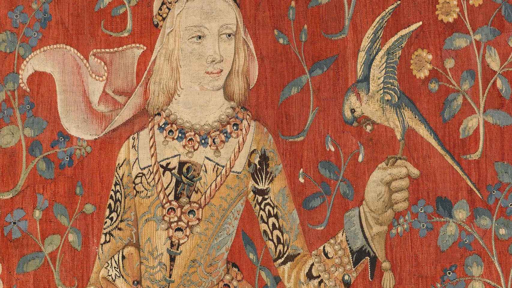 Representación de una mujer con un unicornio en un tapiz francés