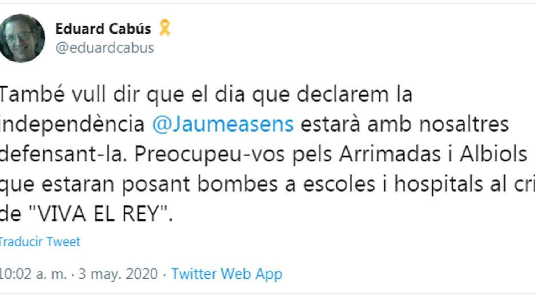 Mensaje de Eduard Cabús contra Arrimadas y Albiol en Twitter