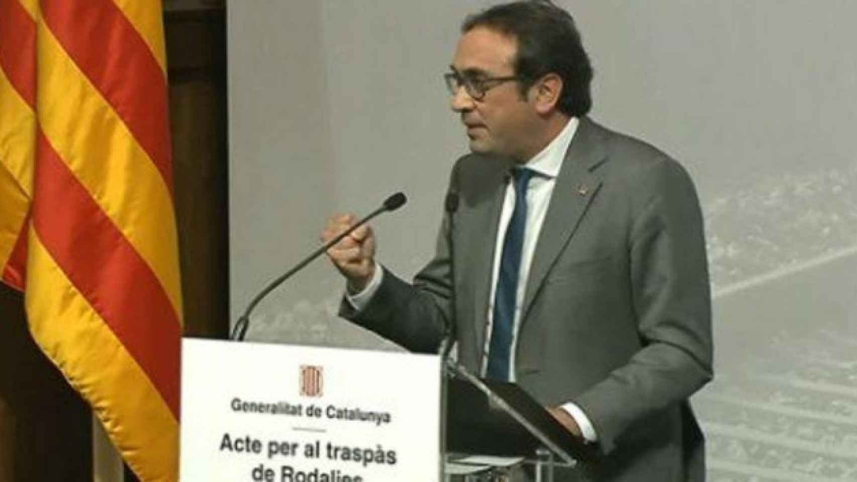 El consejero de Territorio y Sostenibilidad, Josep Rull, durante el acto 'Pel traspàs de Rodalies' (Por el traspado de Cercanías).