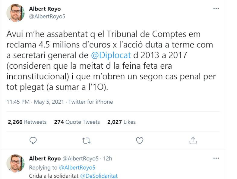El mensaje publicado por Albert Royo en Twitter / CG
