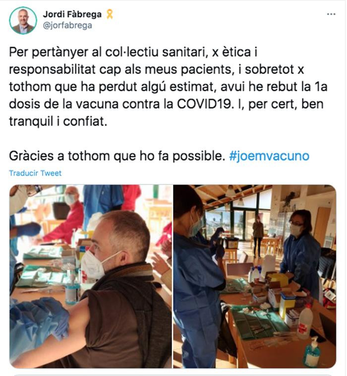 Tuit del alcalde Jordi Fàbrega que explica su vacunación contra el Covid