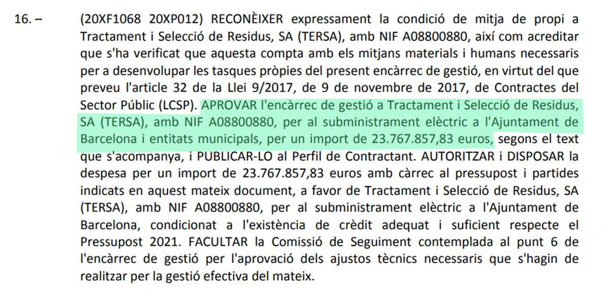 La propuesta de encargo de gestión a Tersa para proveer electricidad al Ayuntamiento de Barcelona / CG