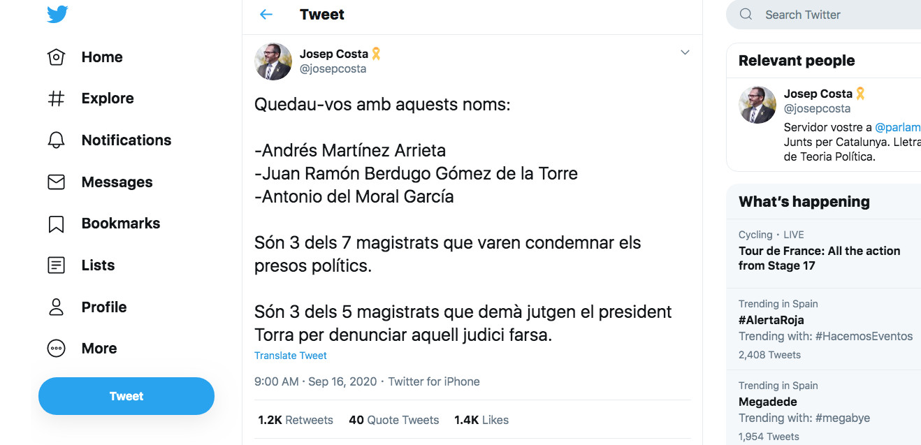 Tuit del vicepresidente del Parlament Josep Costa (JxCat) en el que señala a los jueces que juzgarán a Torra por inhabilitación / TWITTER