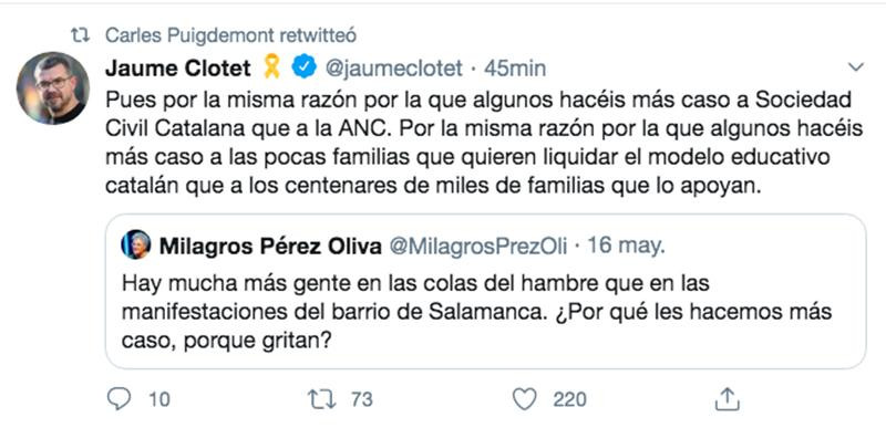 Tuit del dircom Jaume Clotet sobre las 'colas del hambre'