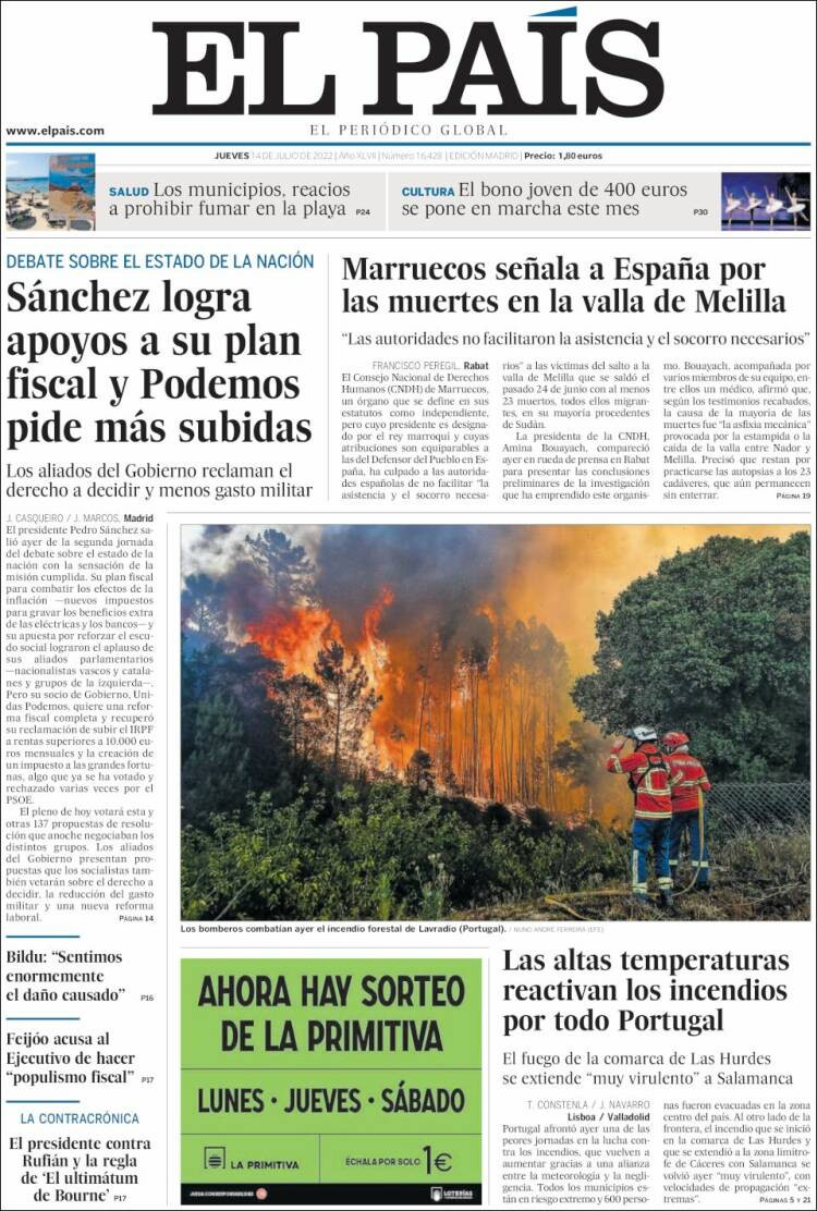 Portada de 'El País' de 14 de julio de 2022 / KIOSKO.NET
