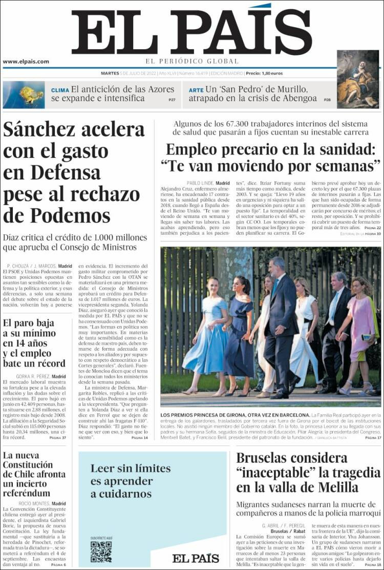 Portada de 'El País' de 5 de julio de 2022 / KIOSKO.NET
