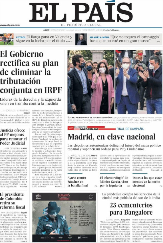 Portada de 'El País' del 3 de mayo de 2021 / EL PAÍS