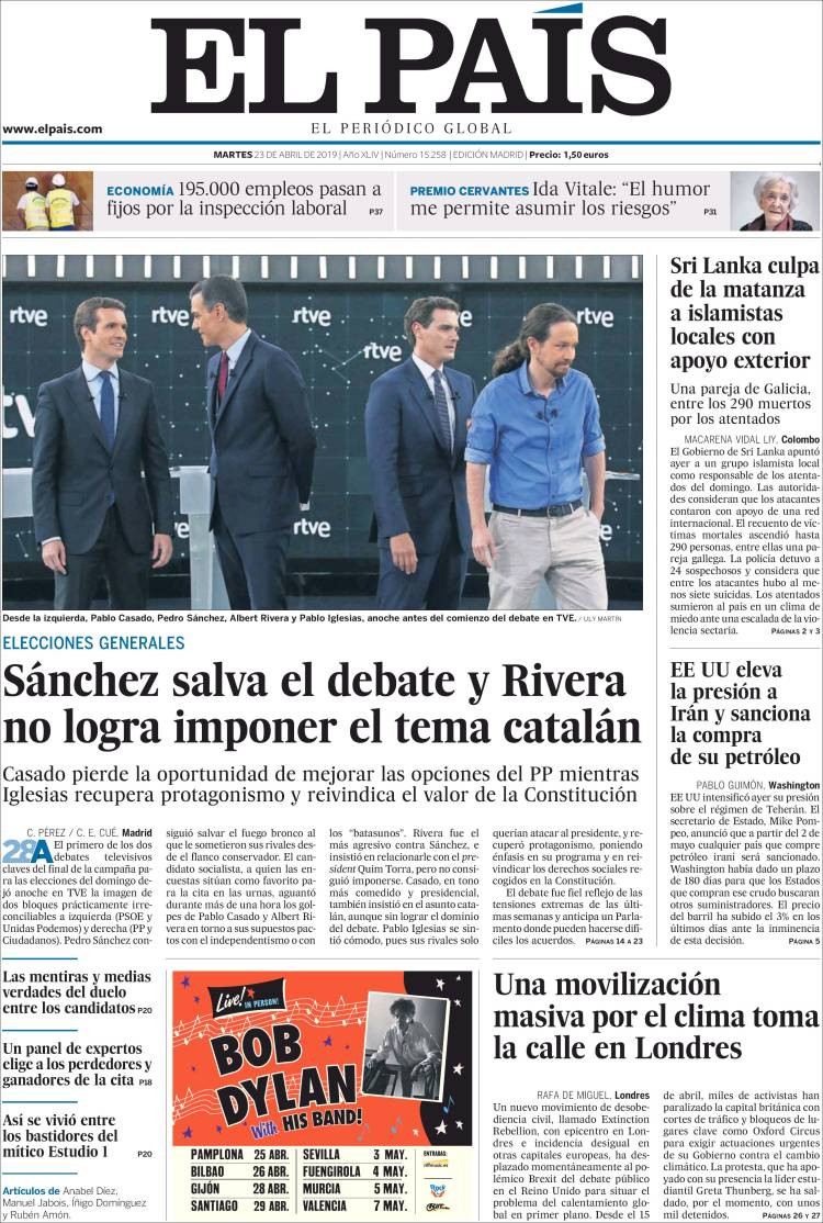 Portada de 'El País' del martes 23 de abril