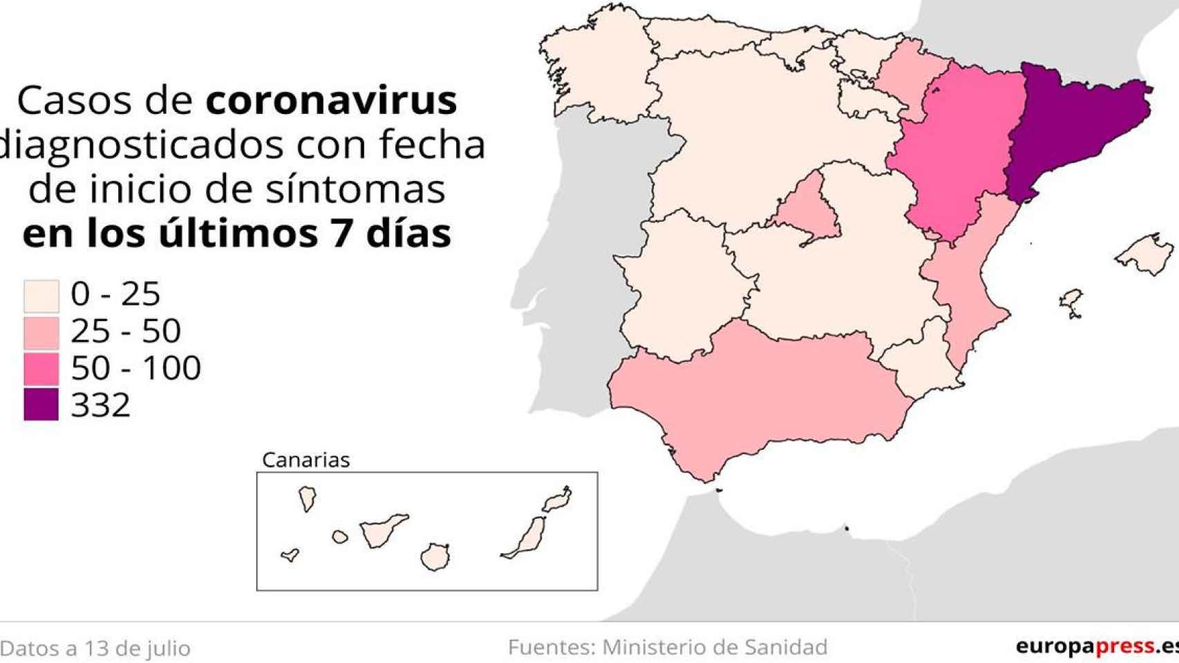 Mapa con casos de coronavirus diagnosticados con fecha de inicio de síntomas en los últimos siete días a fecha 13 de julio del 2020 / EUROPA PRESS