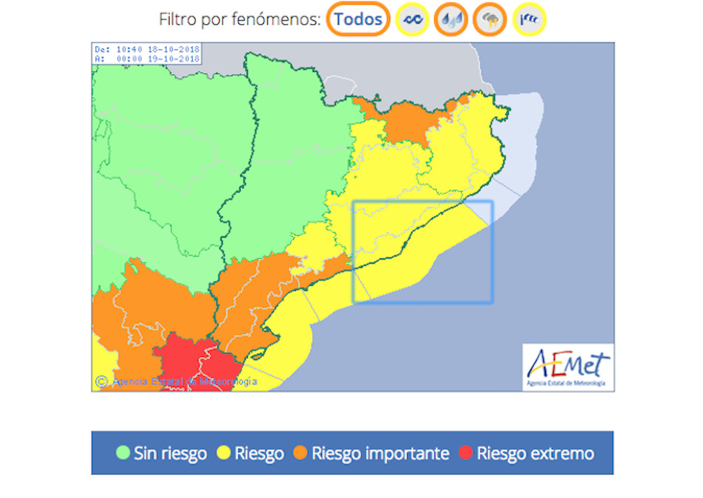 Mapa de alertas meteorológicas en Cataluña 18 de octubre / AEMET