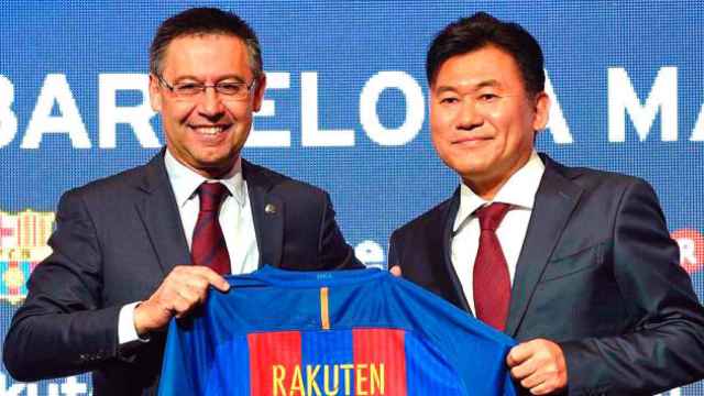 El presidente del Barça, Josep Maria Bartomeu, y el primer ejecutivo de Rakuten, próximo patrocinador del club, Hiroshi Mikitani / CG