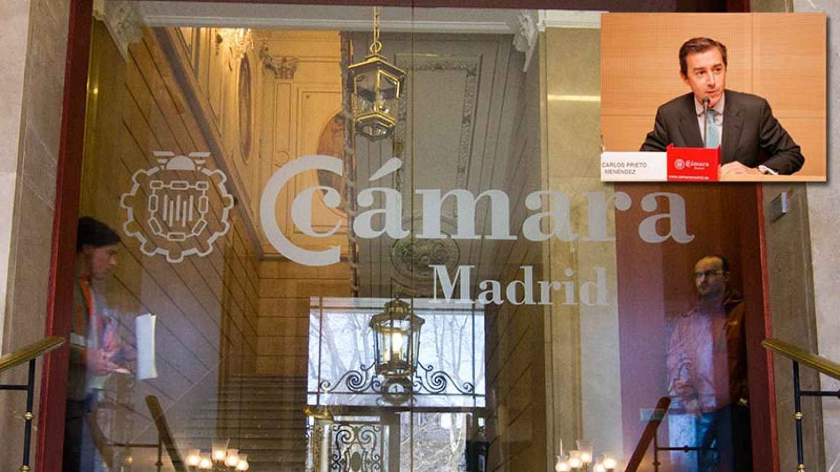 Imagen de la sede de la Cámara de Madrid a la que se accede por la plaza de la Independencia. Arriba el director, Carlos Prieto.
