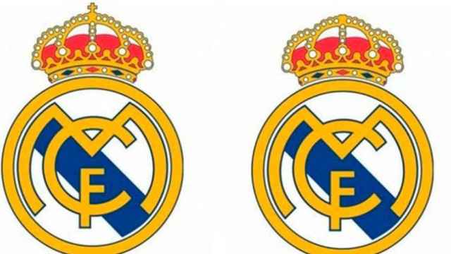 Escudo oficial del Real Madrid (izquierda) y su versión sin la cruz (derecha)