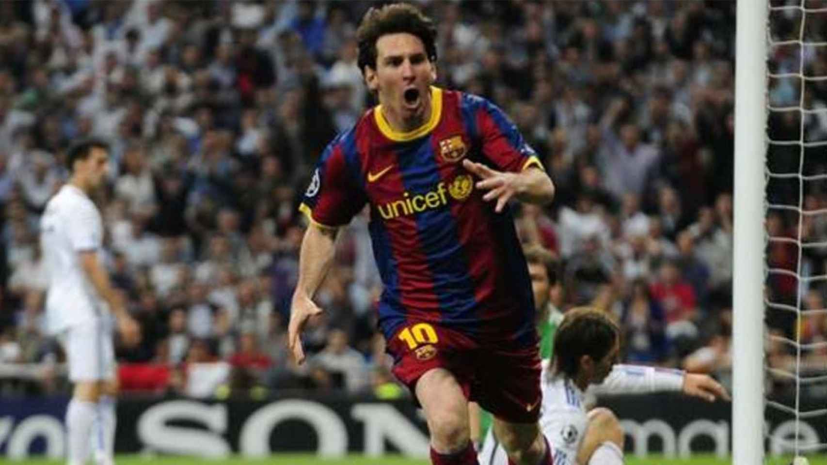 Leo Messi celebrando su gol en el Bernabéu en las semis de Champions en 2011 / FCB