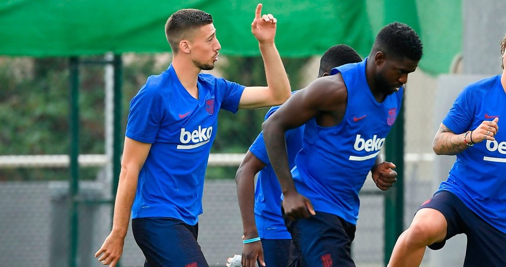 Umtiti y Lenglet en un entrenamiento del Barça / EFE