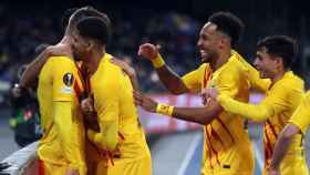 Los jugadores del Barça, celebrando un gol, en la Europa League / FCB