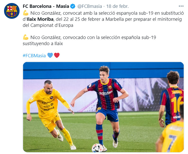Publicación del Barça anunciando el cambio de Nico por Ilaix / FC Barcelona