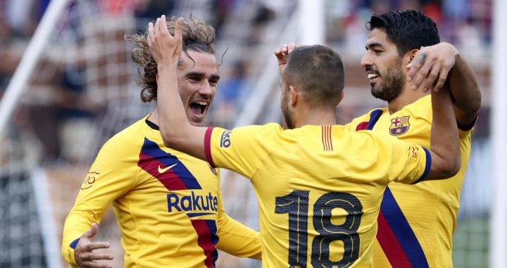 Greizmann, Jordi Alba y Luis Suárez celebrando un gol del Barça / FC Barcelona