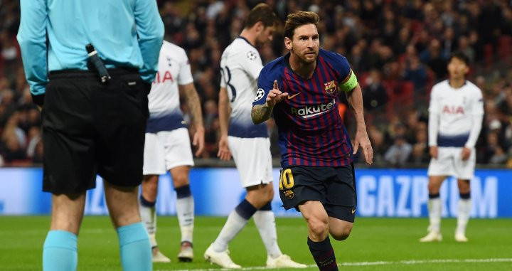 Messi celebra uno de sus goles en la victoria del Barça contra el Tottenham / EFE