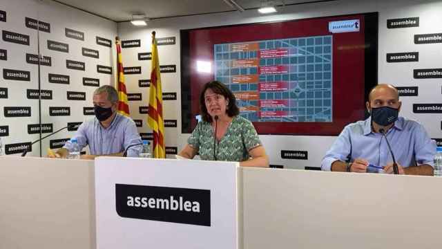 La presidenta de la ANC, Elisenda Paluzie, en el centro durante la presentación de la Diada de 2021 en Barcelona / EUROPA PRESS