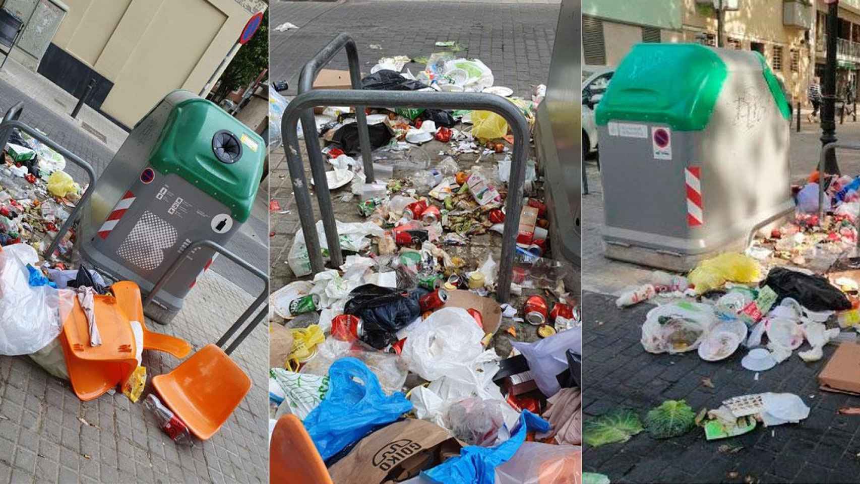 Tres imágenes de contenedores llenos en el barrio de Sant Andreu en Barcelona / CG