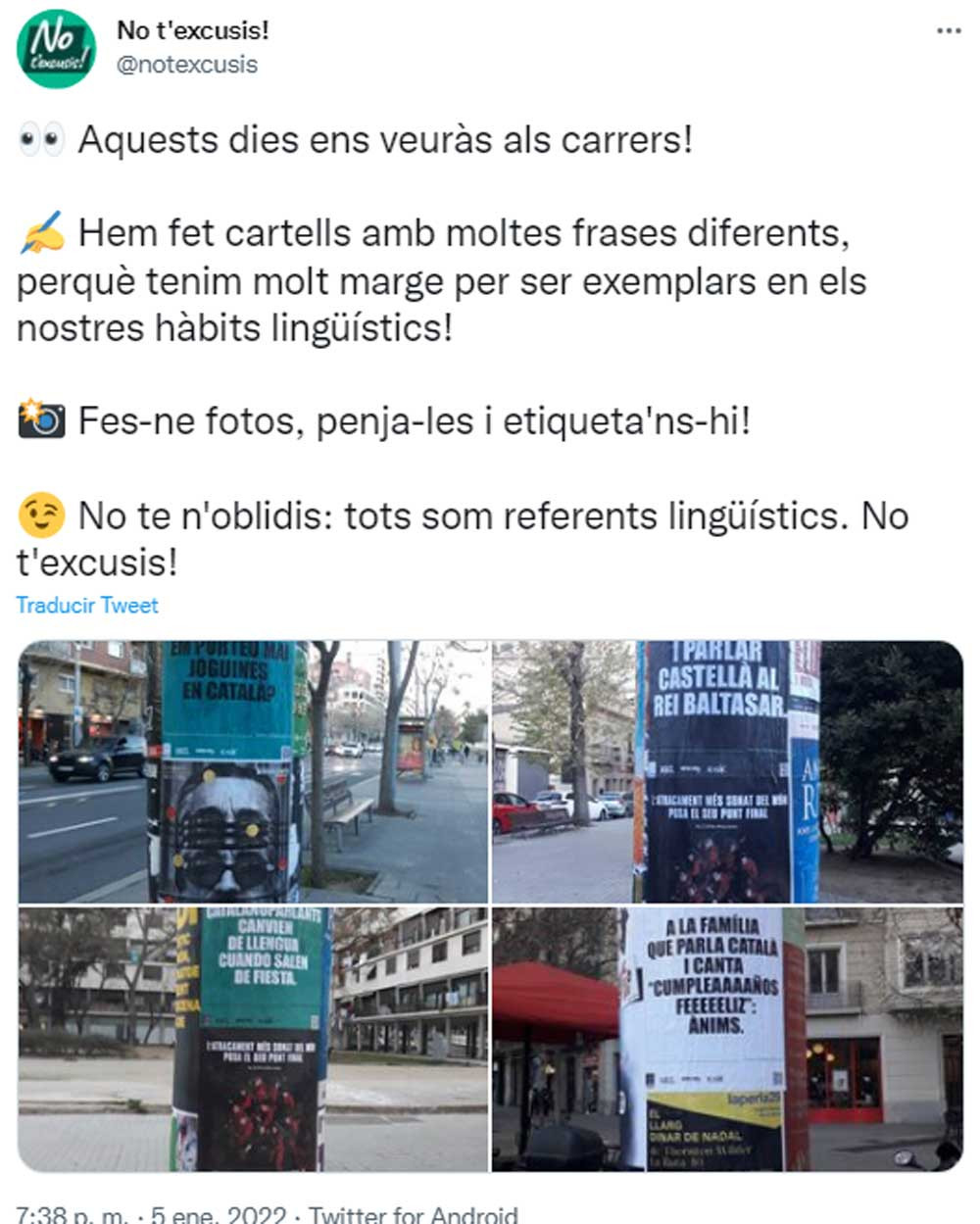 Carteles contra el uso del castellano entre los catalanohablantes en los postes publicitarios del Ayuntamiento de Barcelona / @notexcusis (TWITTER)