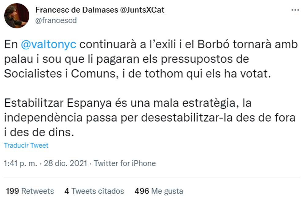 El diputado de JxCat Francesc de Dalmases, llamando a desestabilizar a España / @francescd (TWITTER)