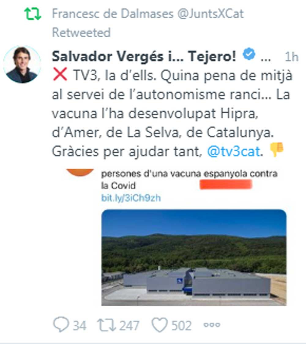 Tuit de Salvador Vergés contra TV3 / TWITTER