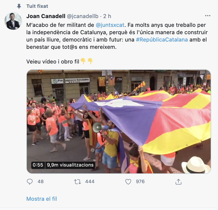 Joan Canadell anuncia su nueva militancia en JxCat / TWITTER