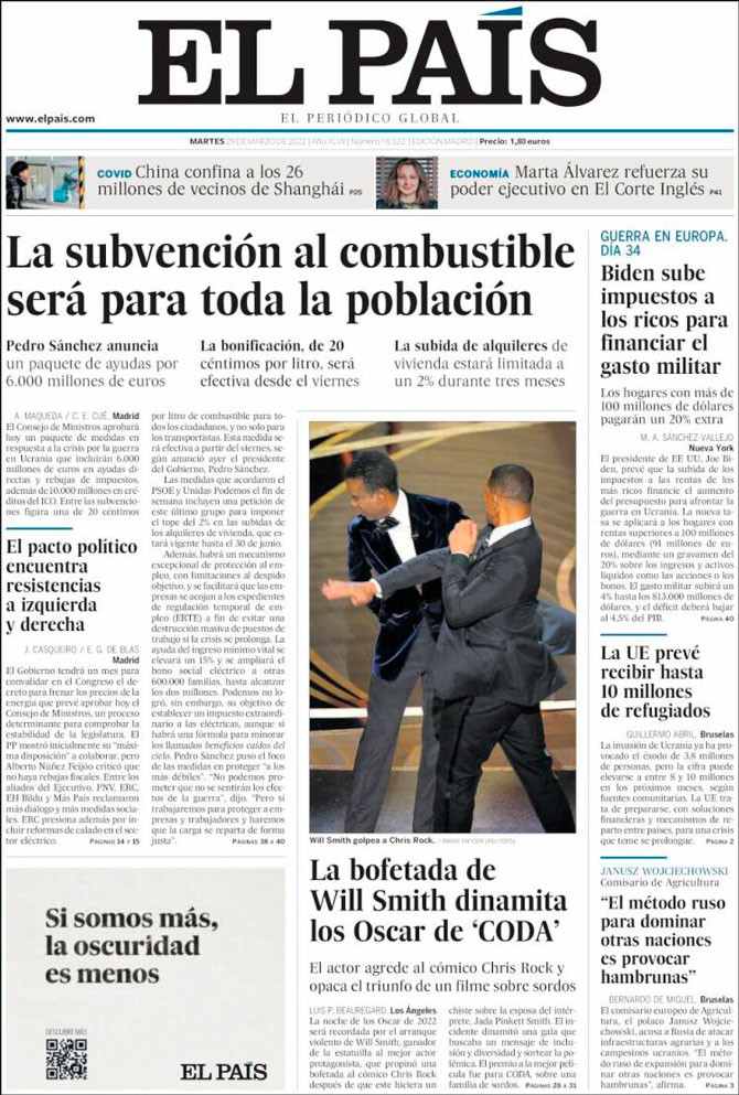 Imagen de la portada de 'El País' del 29 de marzo de 2022 / Kiosko