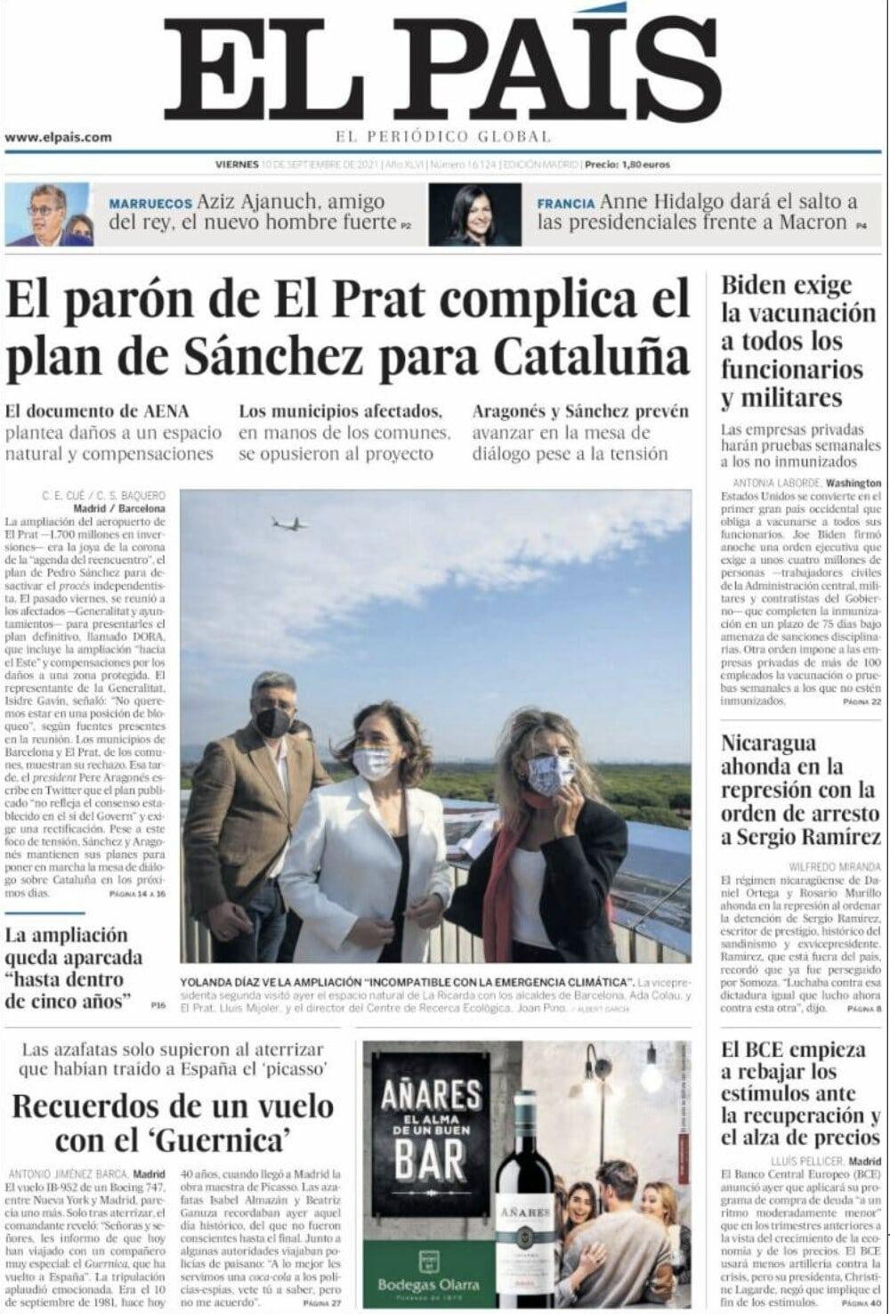 Portada de 'El País' del 10 de septiembre de 2021 / KIOSKO.NET