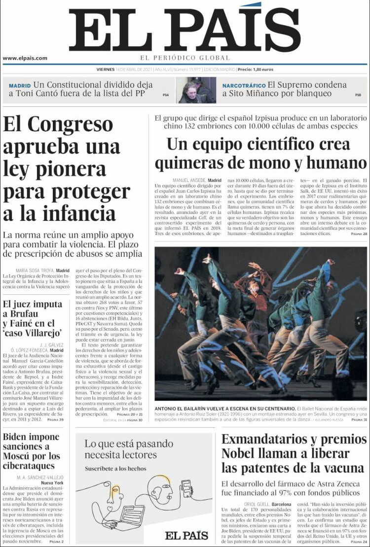 Portada de 'El País' del 16 de abril de 2021 / EL PAÍS