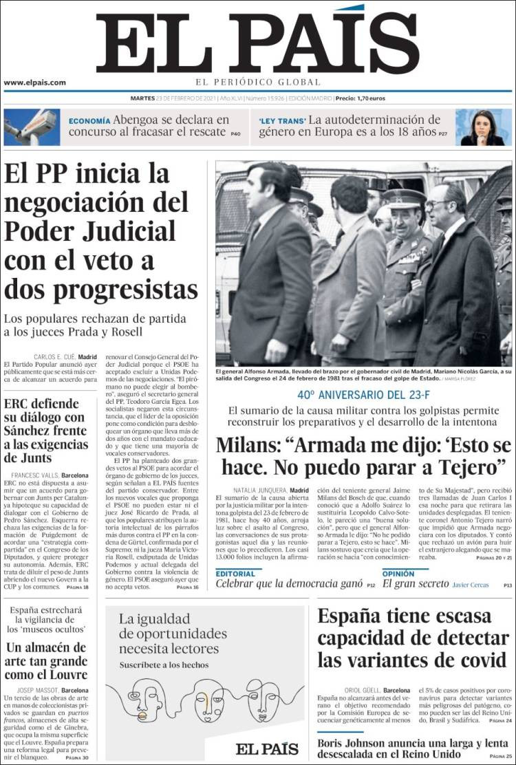 Portada de 'El País' del martes 23 de febrero