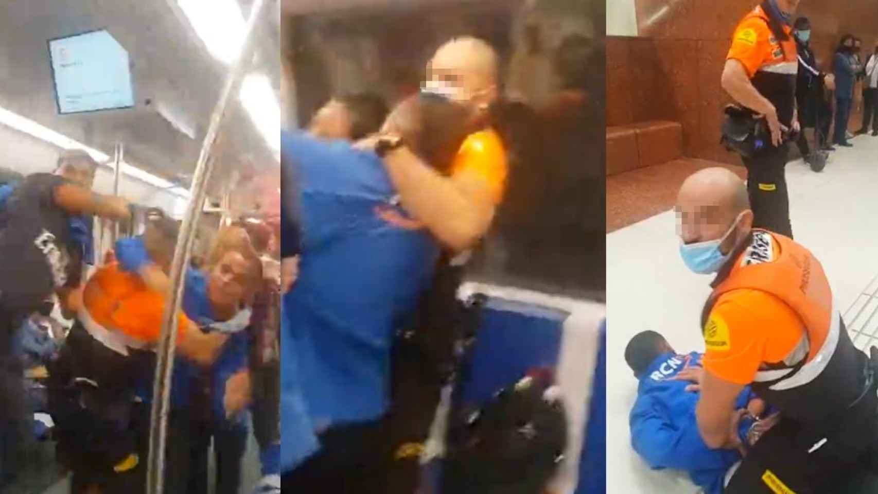 Tres momentos de la pelea a bordo de un vagón de la L9Sud del Metro de Barcelona / CG