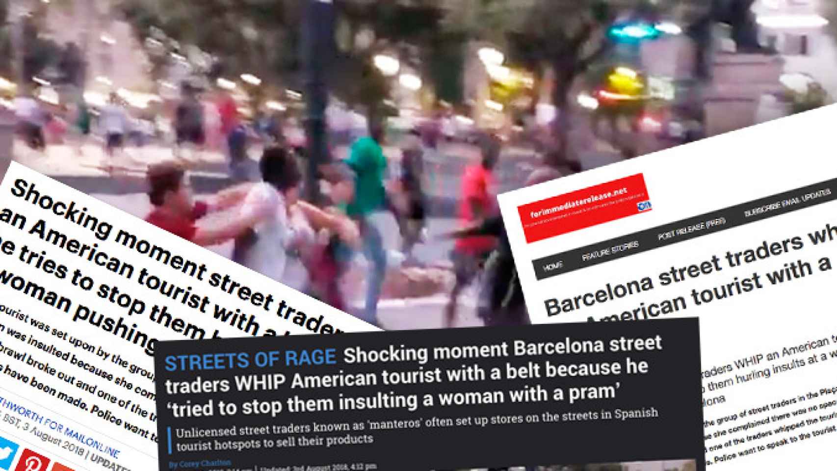 Imagen de la agresión de manteros a un turista y la cobertura de la prensa internacional / FOTOMONTAJE CG