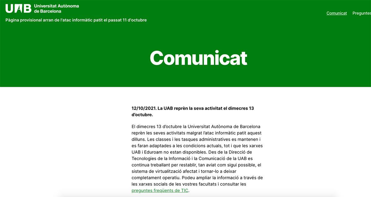 Comunicado de la Universitat Autònoma de Barcelona (UAB) en lo referente al restablecimiento de las clases este miércoles con los servicios informáticos afectados / UAB