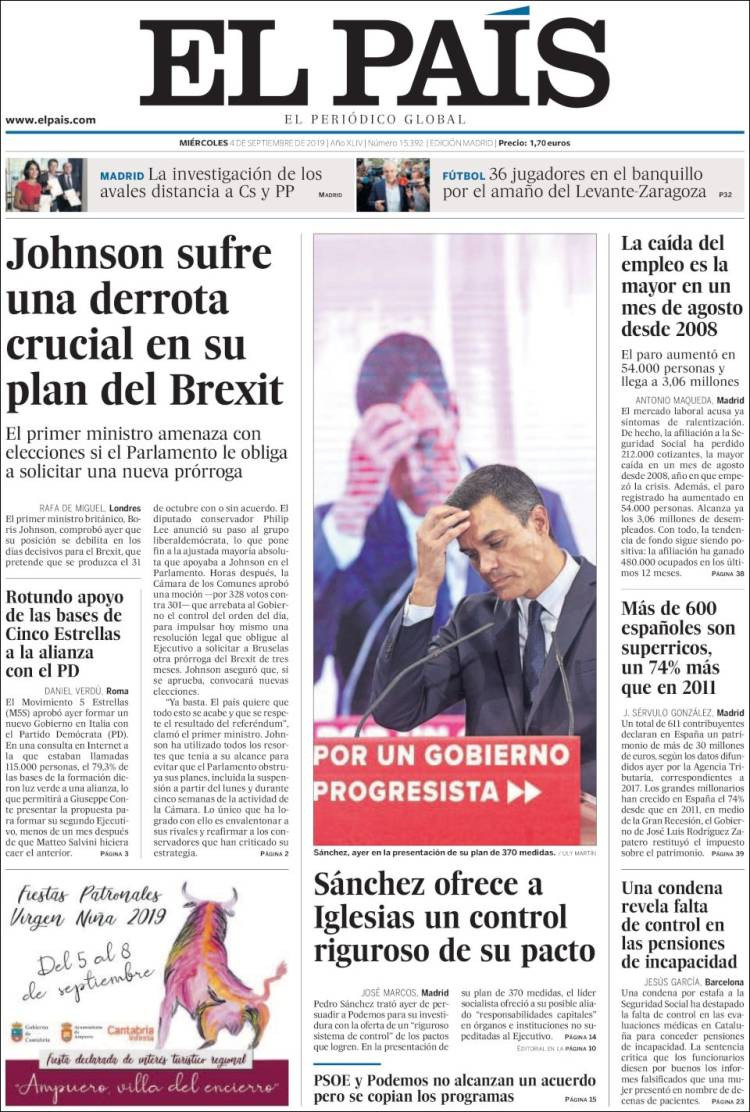 Portada 'El País' del miércoles 4 de septiembre