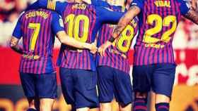 Coutinho, Messi, Jordi Alba y Arturo Vidal celebran el primer tanto del FC Barcelona en Sevilla / INSTAGRAM