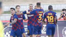 Monchu, Manaj, Akieme, Cuenca y Orellana celebrando un gol del Barça B contra el Real Valladolid / FC Barcelona