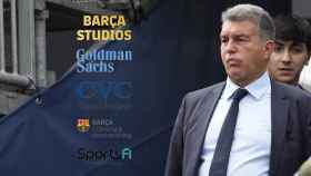 Joan Laporta, junto a las cinco palancas económicas del Barça / CULEMANIA